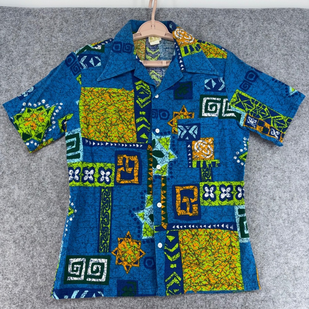 Vintage Kings Road Sears Mens Blue Batik Geometric Abstract Cotton Shirt Medium
